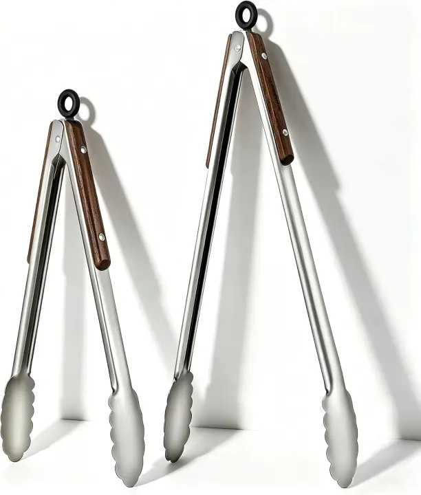 12 & 16-inch Stainless Steel Kitchen Tongs with Walnut Handles