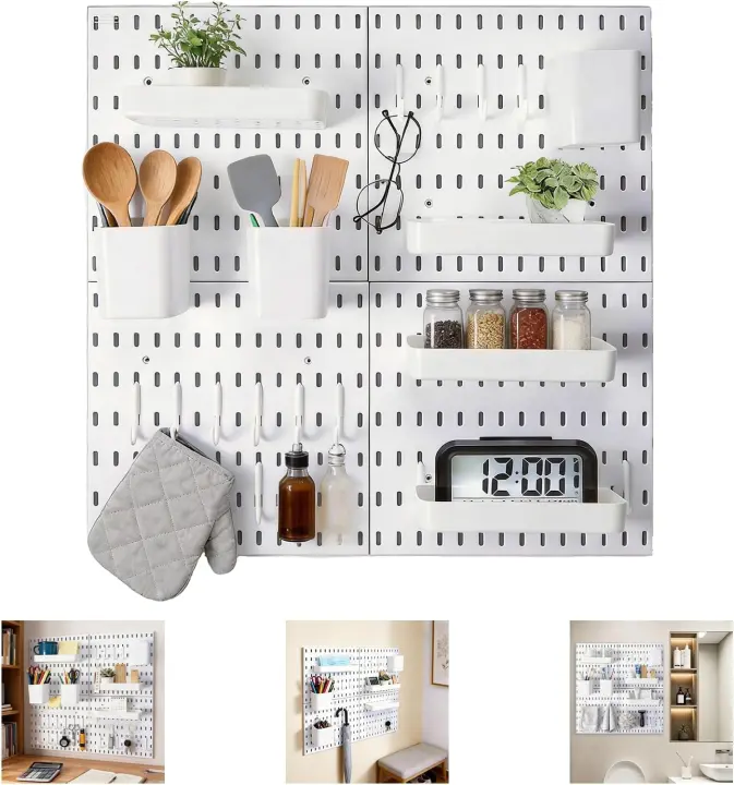 4-Pack White Plastic Pegboard Wall Organizer — Modular Storage Kit