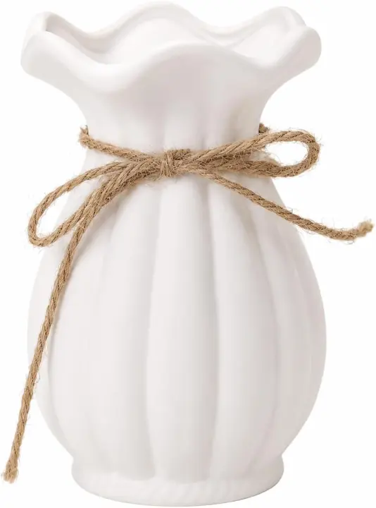 5.9-inch Small White Ceramic Table Vase with Wavy Rim & Rope Accent