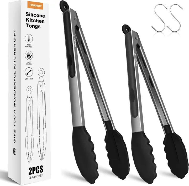 9in & 12in Silicone Cooking Tongs — Stainless Steel Pair