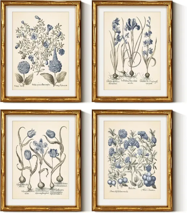 Bamboo-Framed Botanical Wall Art Set — 4 Blue Hydrangea Prints 11x14