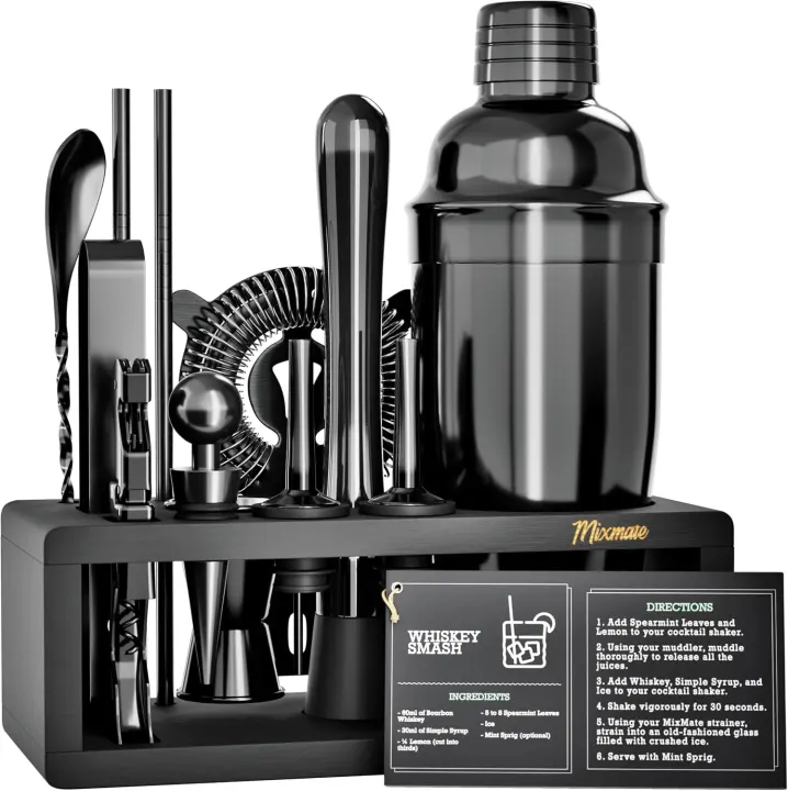 Black Stainless Steel Cocktail Shaker Set — 15-Piece Bartender Kit with Wood Stand
