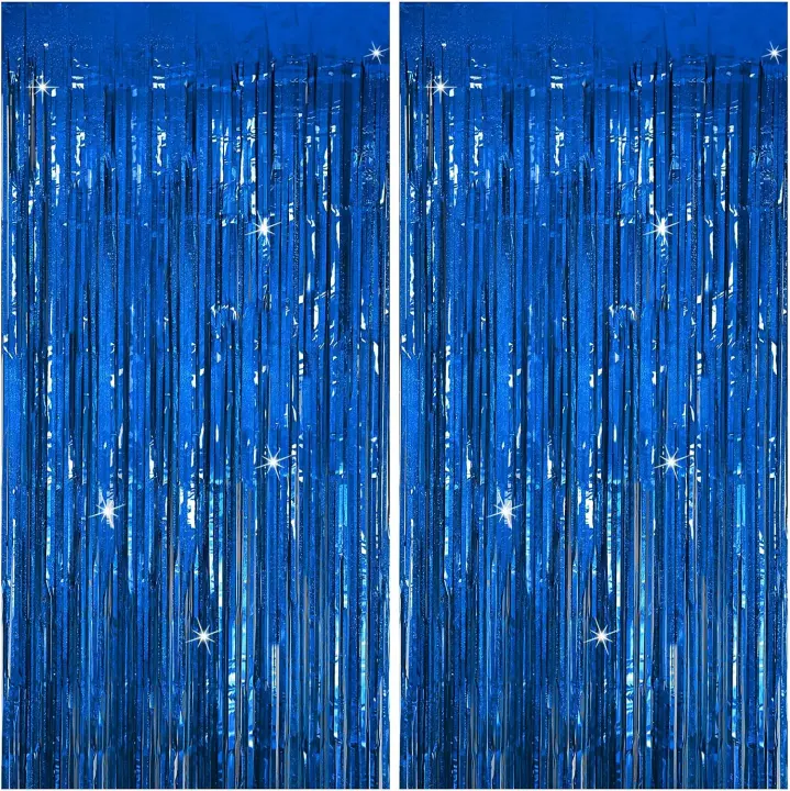 Blue Tinsel Fringe Party Backdrop — 2-Pack Foil Curtains
