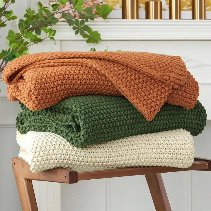 Chunky Cable Knit Throw Blanket — 100% Cotton Beige Throw