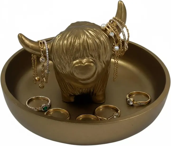 Golden Highland Cow Ring Stand with Round Dish — Resin Jewelry Holder