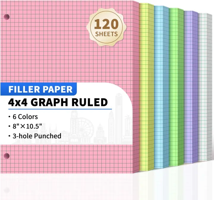Loose-Leaf 4x4 Graph Paper, 8" x 10.5", 6 Pastel Colors
