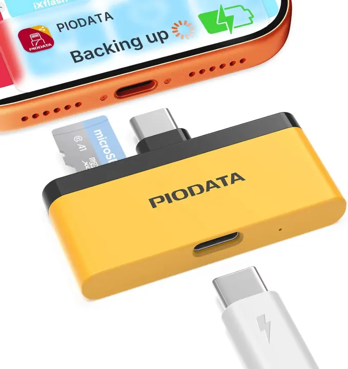 MFi MicroSD Card Reader with Auto Backup & Pass-Through Charging — Yellow