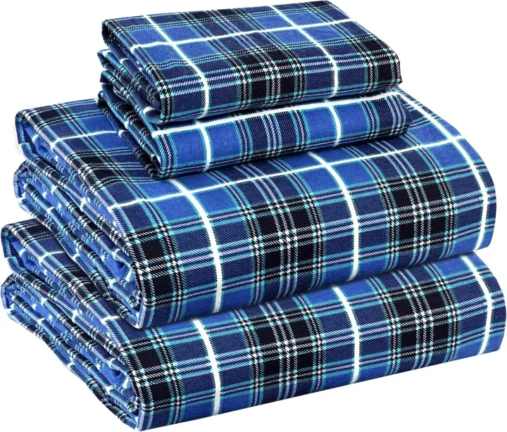 Queen Flannel Sheet Set — 100% Cotton, 4-Piece Blue Plaid