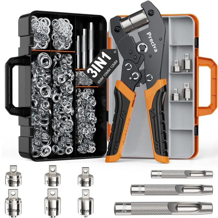 Ratchet Grommet Pliers Kit — 3 Die Sizes with 300 Rust-Resist Eyelets