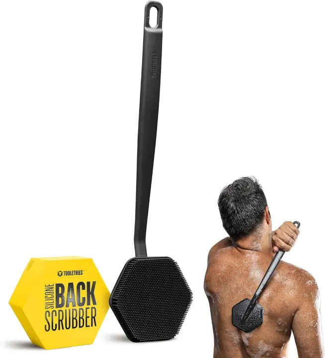 Silicone Back Scrubber with Long Handle — Charcoal Body Brush