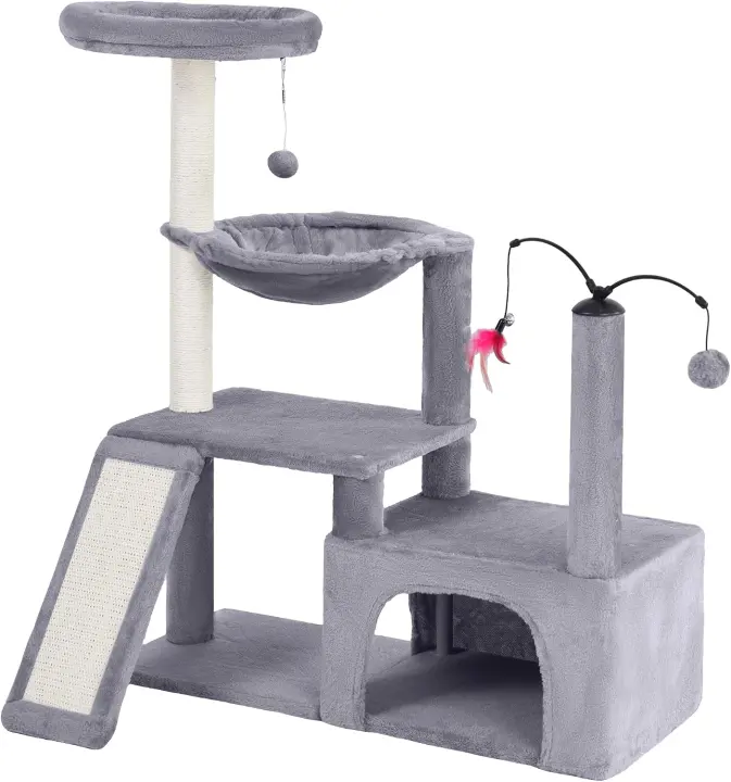 YUNIQUE Multi-Level Cat Tree Tower with Condo, Hammock & Toy (Grey)